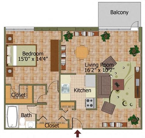 Floor plan for 1 bed, 1 bath, 940 sqft
