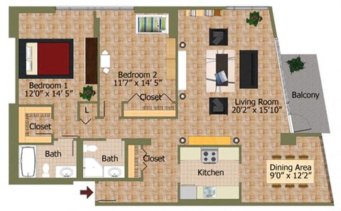 Floor plan for 2 beds, 2 baths, 1165 sqft