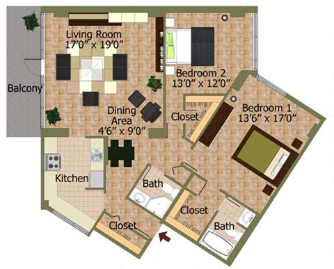 Floor plan for 2 beds, 2 baths, 1175 sqft