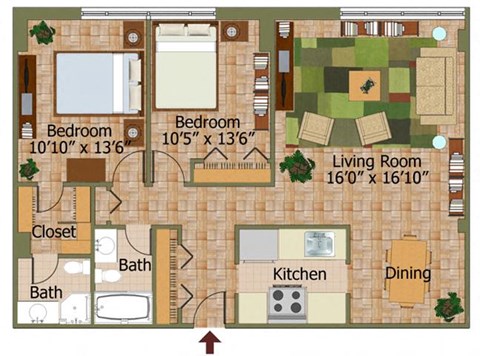 Floor plan for 2 beds, 2 baths, 940 sqft