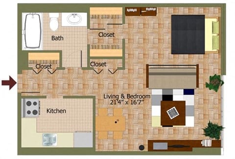 Floor plan for studio, 1 bath, 510 sqft