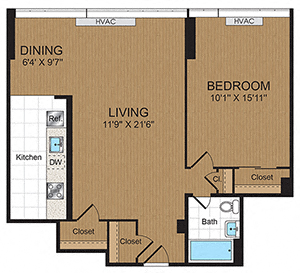 Floor plan for 1 bed, 1 bath, 772 sqft
