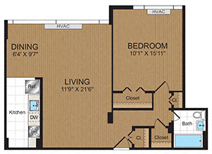Floor plan for 1 bed, 1 bath, 772 sqft