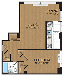 Floor plan for 1 bed, 1 bath, 806 sqft