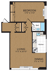Floor plan for 1 bed, 1 bath, 806 sqft