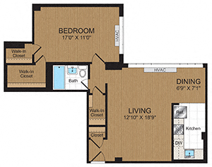 Floor plan for 1 bed, 1 bath, 733 sqft