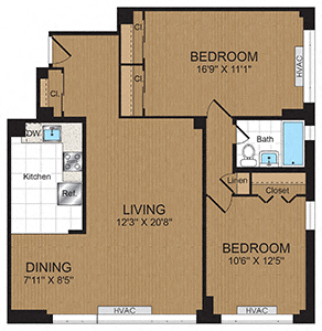 Floor plan for 2 beds, 1 bath, 1023 sqft