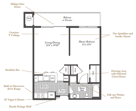 Floor plan for 1 bed, 1 bath, 644 sqft