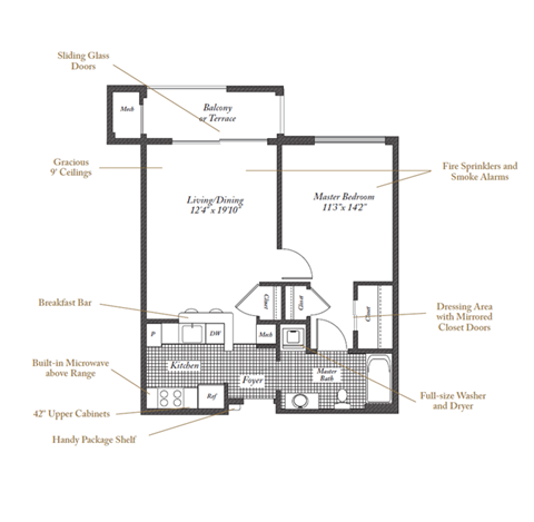 Floor plan for 1 bed, 1 bath, 689 sqft