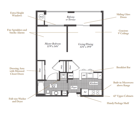 Floor plan for 1 bed, 1 bath, 709 sqft