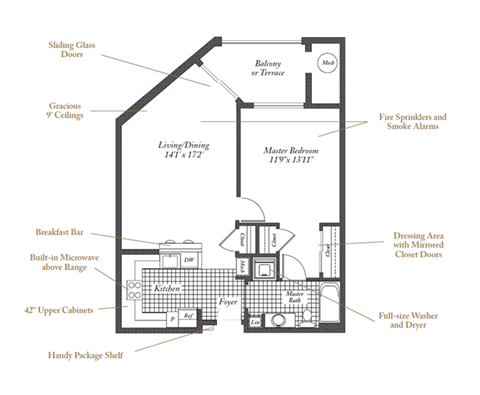 Floor plan for 1 bed, 1 bath, 740 sqft