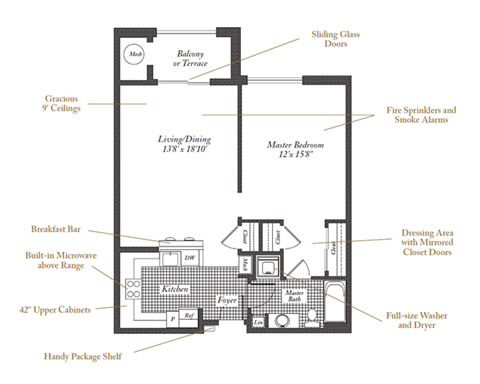 Floor plan for 1 bed, 1 bath, 752 sqft