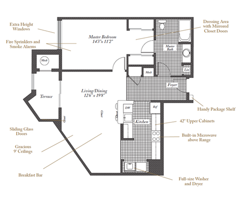 Floor plan for 1 bed, 1 bath, 840 sqft