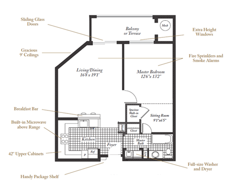 Floor plan for 1 bed, 1 bath, 851 sqft