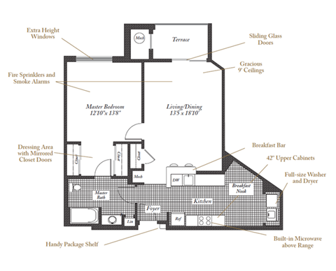 Floor plan for 1 bed, 1 bath, 864 sqft