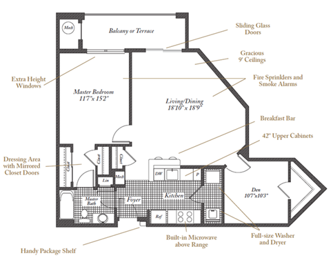 Floor plan for 1 bed, 1 bath, 946 sqft