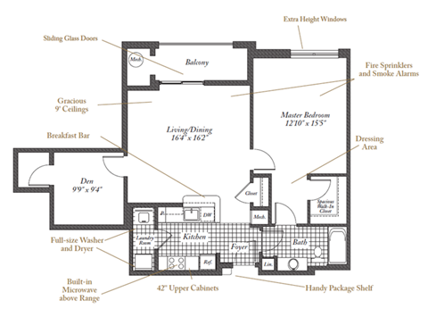 Floor plan for 1 bed, 1 bath, 898 sqft