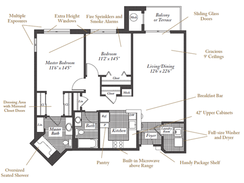 Floor plan for 2 beds, 2 baths, 1042 sqft