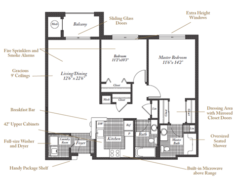 Floor plan for 2 beds, 2 baths, 1033 sqft