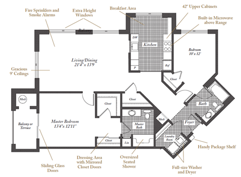 Floor plan for 2 beds, 2 baths, 1176 sqft