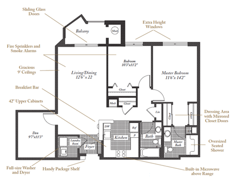 Floor plan for 2 beds, 2 baths, 1147 sqft