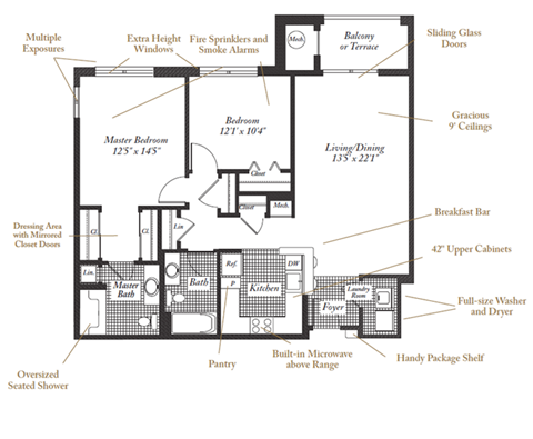 Floor plan for 2 beds, 2 baths, 1112 sqft