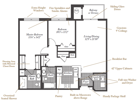 Floor plan for 2 beds, 2 baths, 1036 sqft