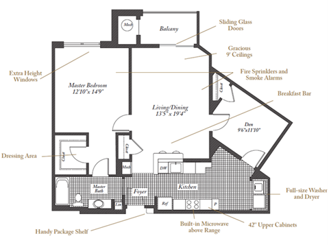 Floor plan for 1 bed, 1 bath, 990 sqft