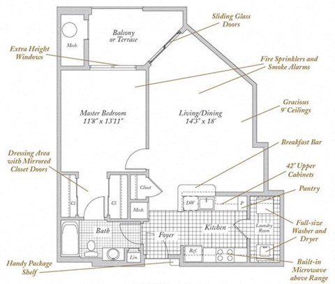 Floor plan for 1 bed, 1 bath, 779 sqft