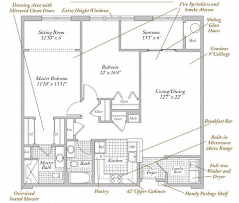 Floor plan for 2 beds, 2 baths, 1282 sqft