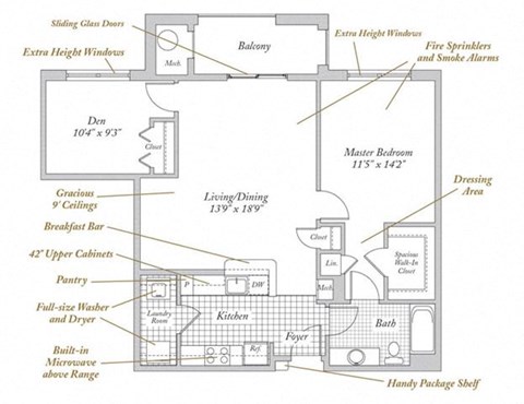 Floor plan for 1 bed, 1 bath, 934 sqft