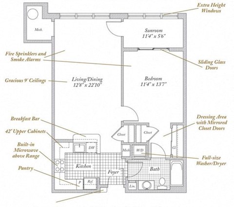 Floor plan for 1 bed, 1 bath, 843 sqft