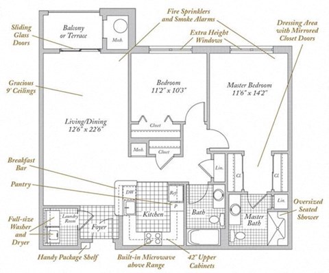 Floor plan for 2 beds, 2 baths, 1033 sqft