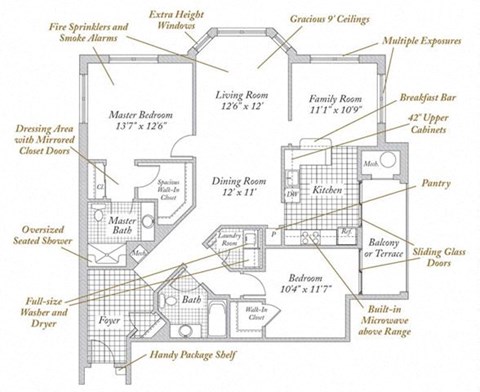 Floor plan for 2 beds, 2 baths, 1334 sqft