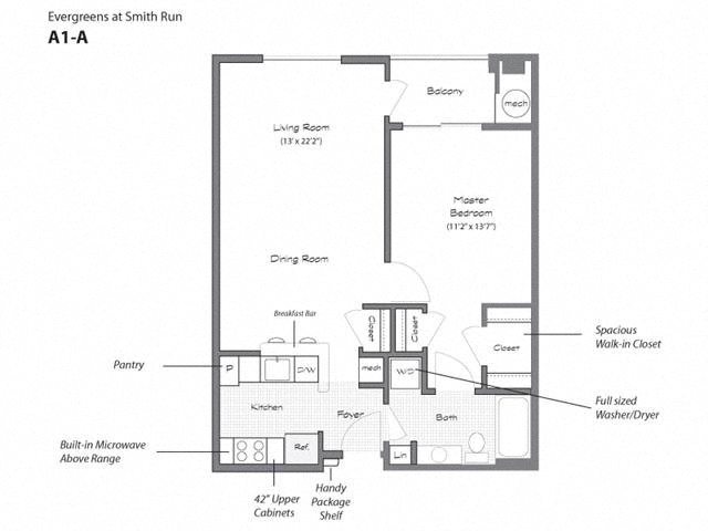 Floor plan for 1 bed, 1 bath, 753 sqft