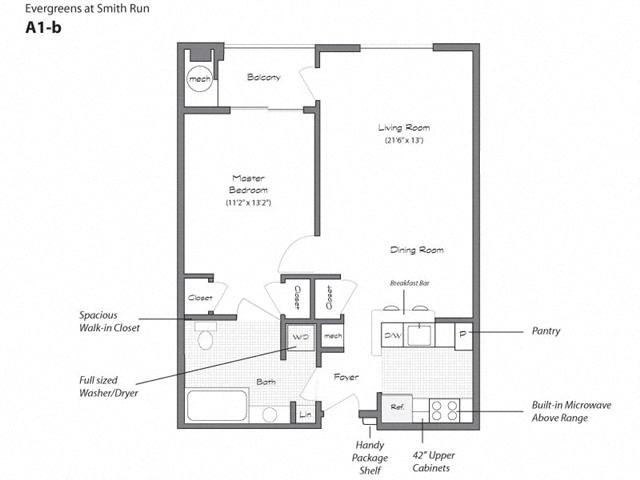 Floor plan for 1 bed, 1 bath, 759 sqft