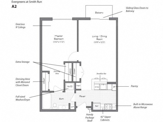 Floor plan for 1 bed, 1 bath, 721 sqft