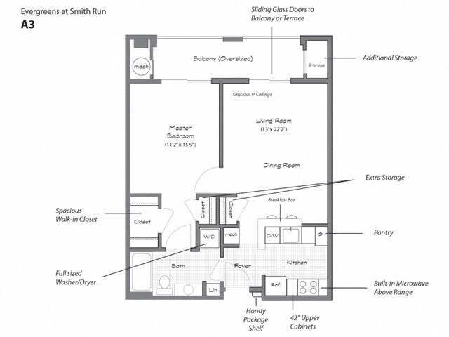 Floor plan for 1 bed, 1 bath, 756 sqft