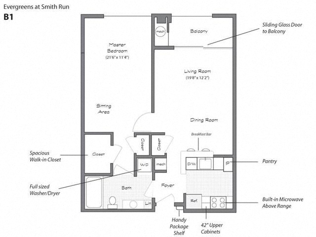 Floor plan for 1 bed, 1 bath, 787 sqft