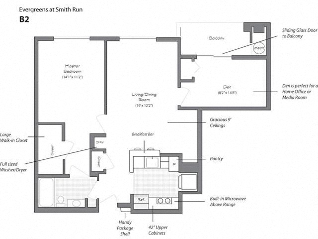 Floor plan for 1 bed, 1 bath, 914 sqft