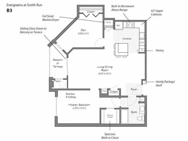 Floor plan for 1 bed, 1 bath, 997 sqft