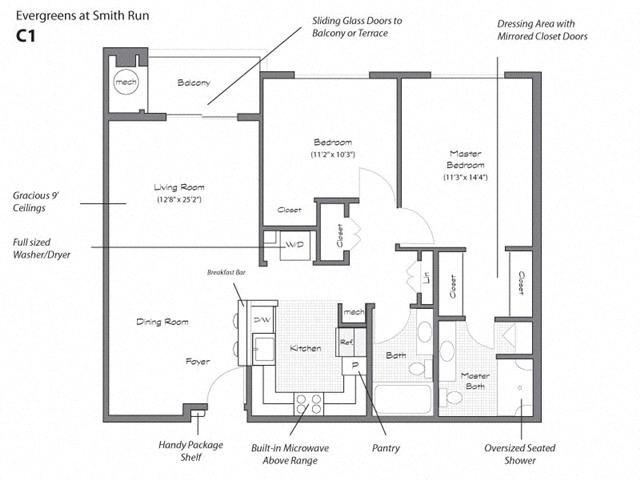 Floor plan for 2 beds, 2 baths, 1029 sqft
