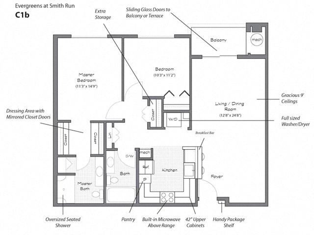 Floor plan for 2 beds, 2 baths, 1018 sqft