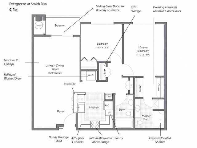 Floor plan for 2 beds, 2 baths, 1031 sqft