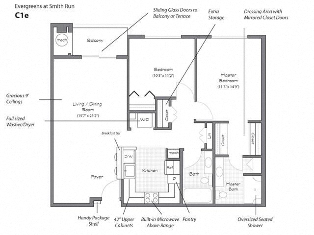Floor plan for 2 beds, 2 baths, 1087 sqft