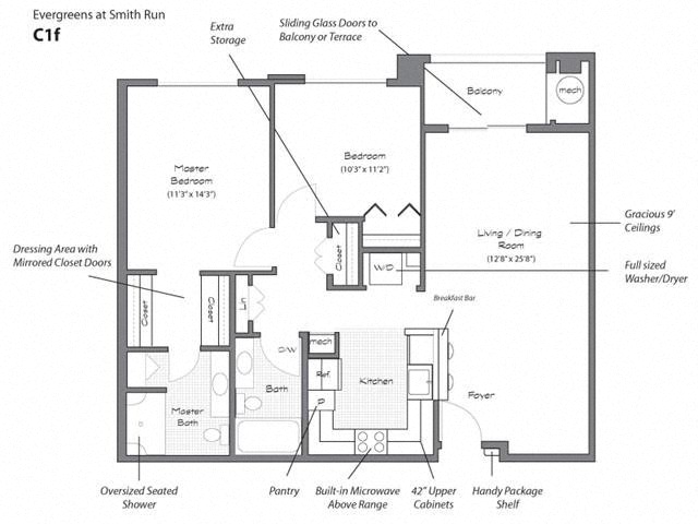 Floor plan for 2 beds, 2 baths, 1031 sqft