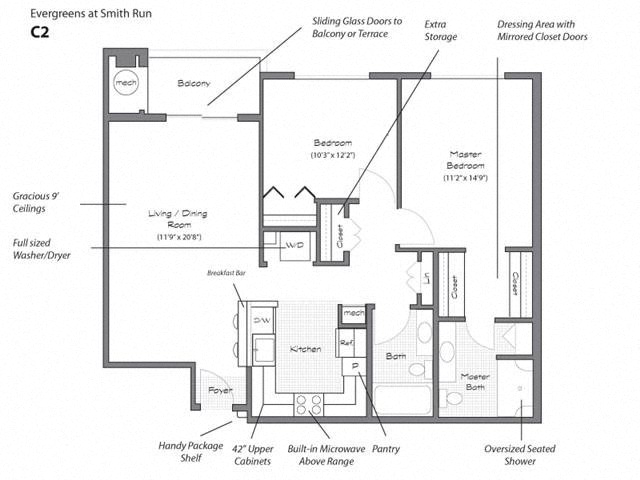 Floor plan for 2 beds, 2 baths, 1012 sqft