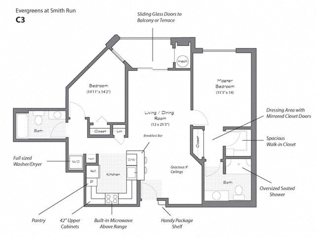 Floor plan for 2 beds, 2 baths, 1024 sqft