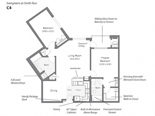 Floor plan for 2 beds, 2 baths, 1239 sqft