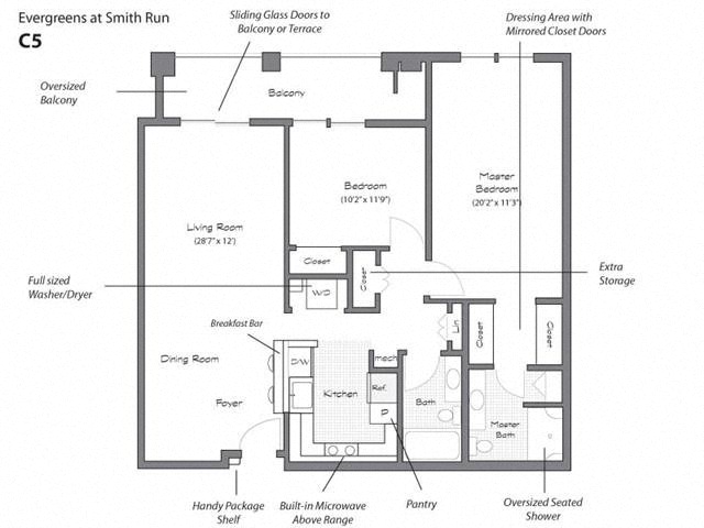Floor plan for 2 beds, 2 baths, 1136 sqft